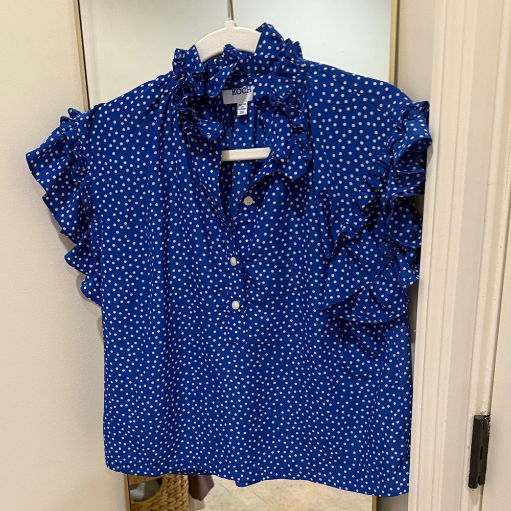 Elegant Blue Polka Dot Ruffle Blouse